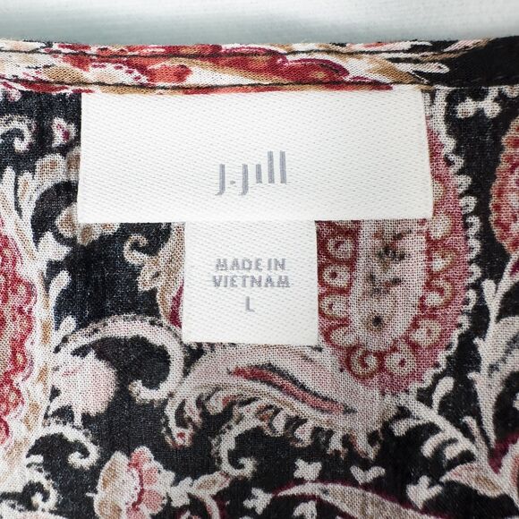 J Jill Ruffled Crepe Rayon Paisley Blouse Womens Large Red Black Boho Artsy - Picture 3 of 14
